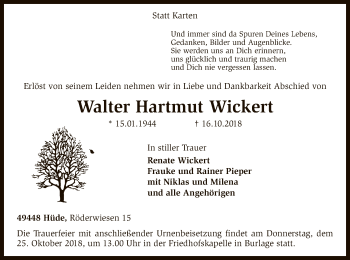 Todesanzeige von Walter Hartmut Wickert von SYK