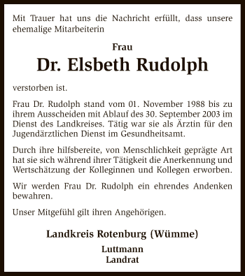 Todesanzeige von Elsbeth Rudolph von SYK
