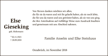 Todesanzeige von Else Gieseking von SYK