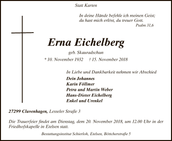 Todesanzeige von Erna Eichelberg von SYK