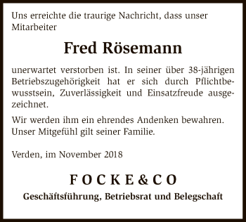 Todesanzeige von Fred Rösemann von SYK