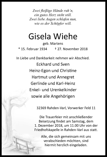 Todesanzeige von Gisela Wiehe von SYK