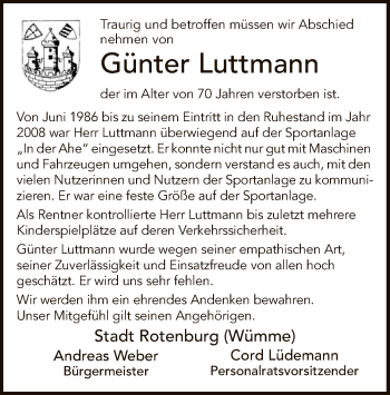 Todesanzeige von Günter Luttmann von SYK