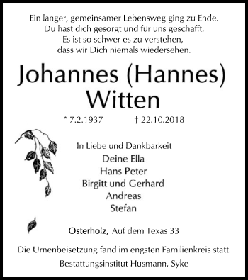 Todesanzeige von Johannes Witten von SYK