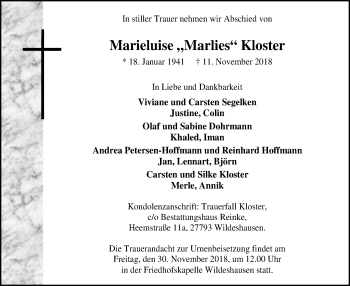 Todesanzeige von Marieluise Kloster von SYK