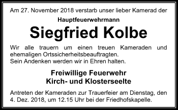 Todesanzeige von Siegfried Kolbe von SYK