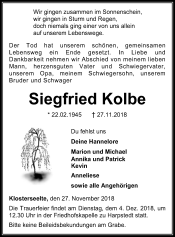 Todesanzeige von Siegfried Kolbe von SYK