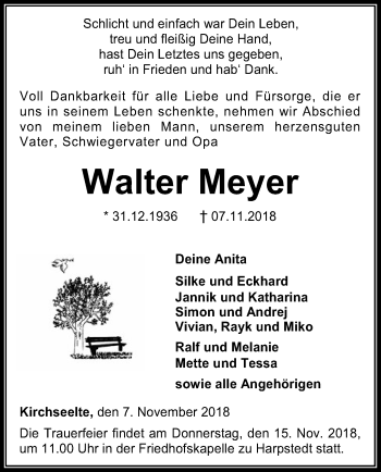 Todesanzeige von Walter Meyer von SYK