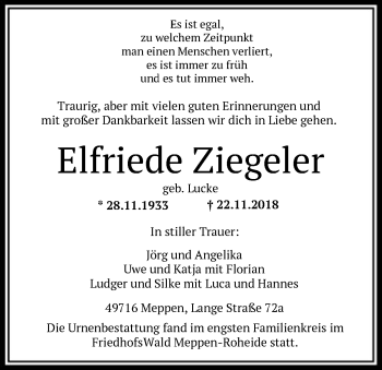Todesanzeige von Elfriede Ziegeler von SYK