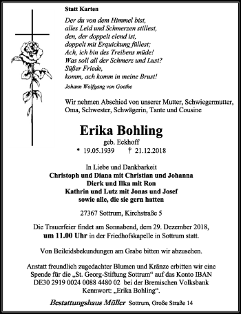 Todesanzeige von Erika Bohling von SYK