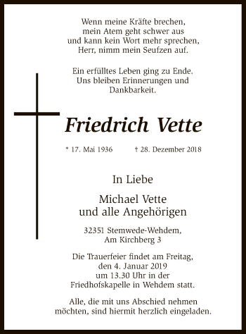 Todesanzeige von Friedrich Vette von SYK