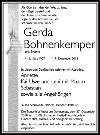 Todesanzeige von Gerda Bohnenkemper von SYK
