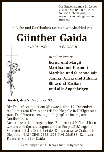 Todesanzeige von Günther Gaida von SYK