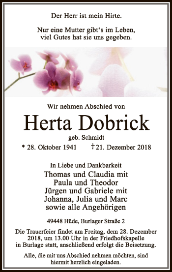 Todesanzeige von Herta Dobrick von SYK