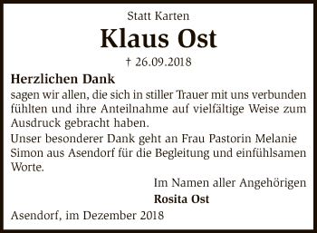 Todesanzeige von Klaus Ost von SYK
