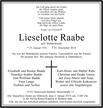Todesanzeige von Lieselotte Raabe von SYK