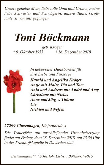 Todesanzeige von Toni Böckmann von SYK