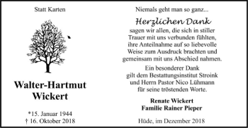 Todesanzeige von Walter-Hartmut Wickert von SYK