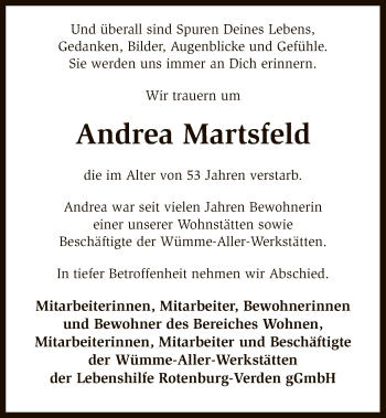 Todesanzeige von Andrea Martsfeld von SYK