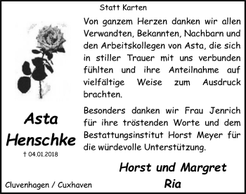 Todesanzeige von Asta Henschke von SYK