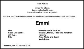 Todesanzeige von Emmi Sander-Sündermann von SYK