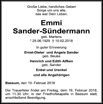 Todesanzeige von Emmi Sander-Sündermann von SYK
