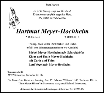 Todesanzeige von Hartmut Meyer-Hochheim von SYK