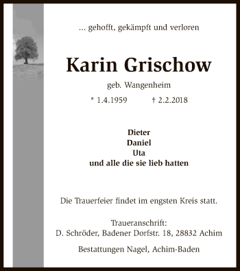 Todesanzeige von Karin Grischow von SYK
