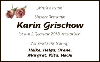Todesanzeige von Karin Grischow von SYK