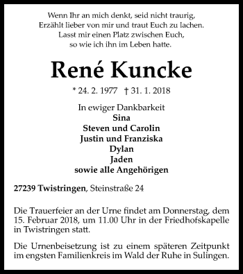 Todesanzeige von René Kuncke von SYK