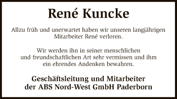 Todesanzeige von René Kuncke von SYK