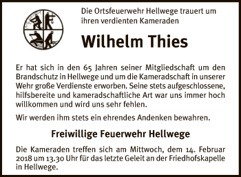 Todesanzeige von Wilhelm Thies von SYK
