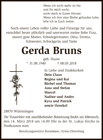 Todesanzeige von Gerda Bruns von SYK