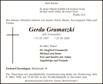 Todesanzeige von Gerda Gramatzki von SYK
