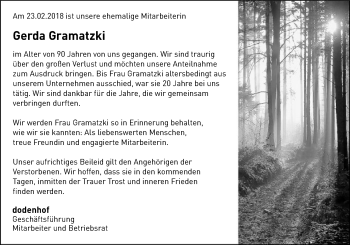 Todesanzeige von Gerda Gramatzki von SYK