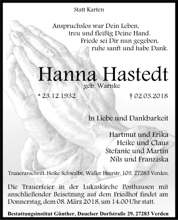 Todesanzeige von Hanna Hastedt von SYK