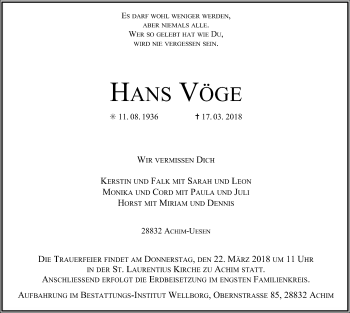 Todesanzeige von Hans Vöge von SYK