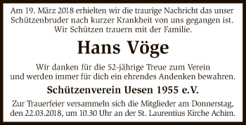 Todesanzeige von Hans Vöge von SYK