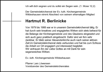 Todesanzeige von Hartmut R. Berlinicke von SYK