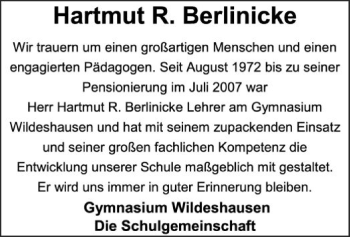 Todesanzeige von Hartmut R. Berlinicke von SYK