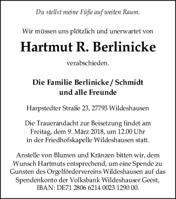 Todesanzeige von Hartmut R. Berlinicke von SYK
