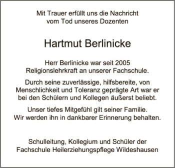 Todesanzeige von Hartmut R. Berlinicke von SYK