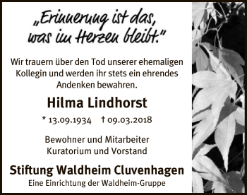 Todesanzeige von Hilma Lindhorst von SYK