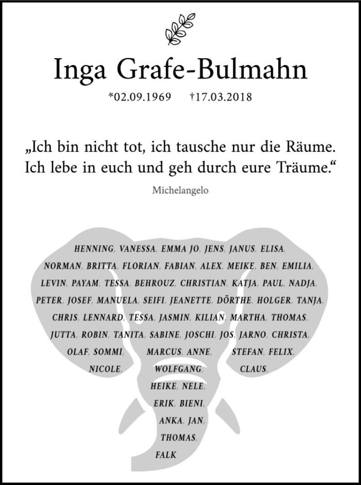  Traueranzeige für Inga Grafe-Bulmahn vom 24.03.2018 aus SYK