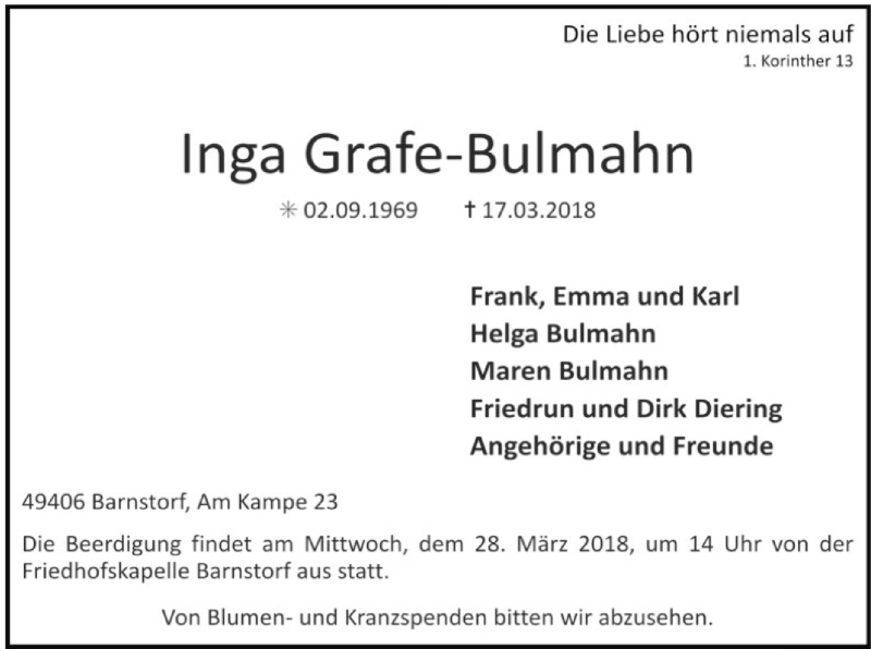  Traueranzeige für Inga Grafe-Bulmahn vom 26.03.2018 aus SYK