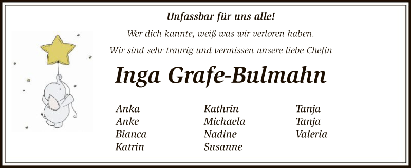  Traueranzeige für Inga Grafe-Bulmahn vom 24.03.2018 aus SYK
