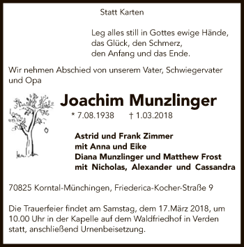Todesanzeige von Joachim Munzlinger von SYK