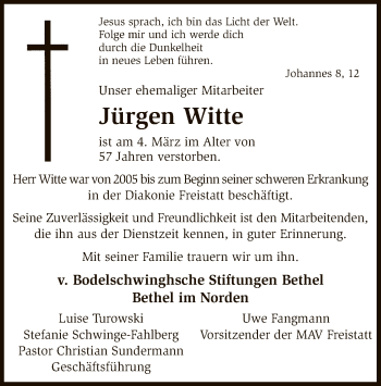 Todesanzeige von Jürgen Witte von SYK