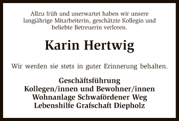 Todesanzeige von Karin Hertwig von SYK