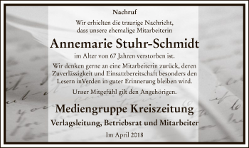 Todesanzeige von Annemarie Stuhr-Schmidt von SYK